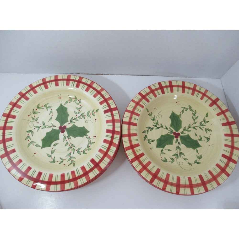 Los Angeles Pottery Laurie Gates design 2 salad plates holly berries plaid Xmas